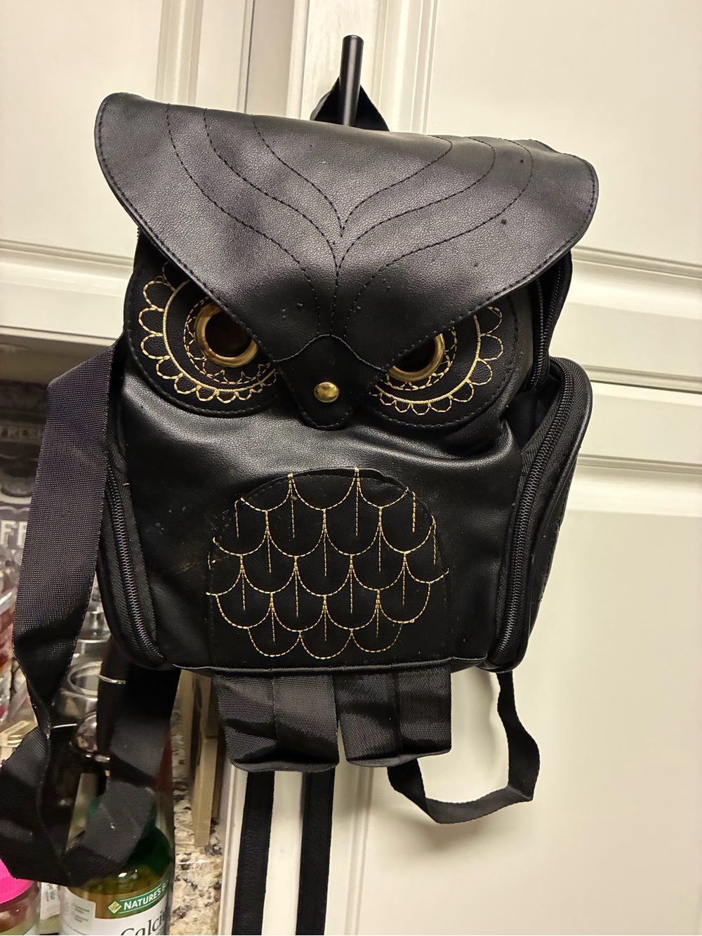 Black Owl Backpack with Gold Stitching